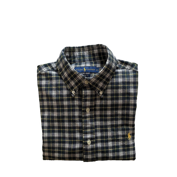 Ralph Lauren Classic Fit Men's Dress Shirt M Blue White Yellow Plaid A+ - Picture 1 of 4